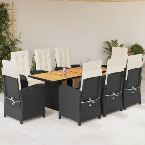 Homgoday 9-teiliges Garten-Esszimmer-Set mit Kissen, schwarzes Poly-Rattan, Esstisch und Stühle, Outdoor, Terrasse, Wintergarten, Balkon, Hinterhof, Pool, Möbel-Set, Typ 2 Möbel