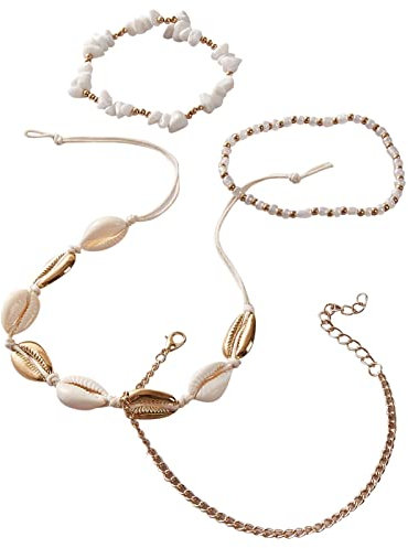 4 pièces or Boho simple couche bracelets de cheville pour femmes coquillage gravier pendentif pied chaînes perles charme plage Bracelet bracelets de cheville Bracelet Homme Cuir (Multicolor, One Size)