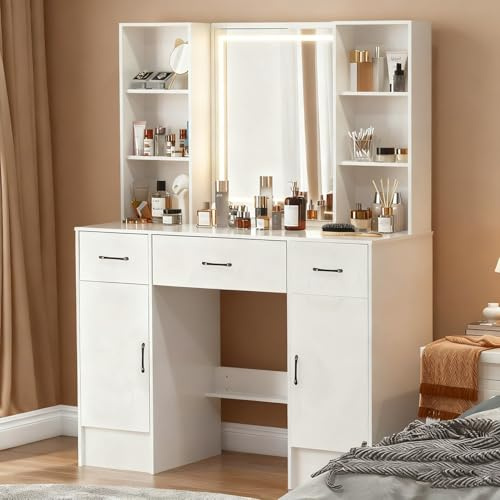 Puselo Dressing Table with Mirror and Stool,Large Vanity Desk with 3 Drawers,4 Storage Shelves,White Vanity with LED Lighted Mirror,Smart Touch Control,3 Lighting Modes for Women Girl Bedroom