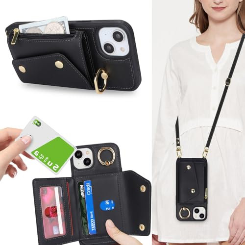 Zouzt for iPhone 15 Case with Card Holder and Strap, Card Slots Zipper Wallet Phone Case PU Leather Crossbody Lanyard Drop Protection Cover for iPhone 15 6.1 inch - Black