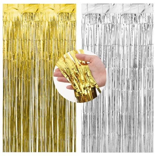 JJUNW 2 Stück Lametta Vorhang, Glitzer Lametta Vorhänge Silber und Gold Metallische Glitzervorhang 1 x 2m Luftschlangen Deko Glitzer Party Vorhang für Geburtstage Festivals Hochzeit Party Bühnendekor