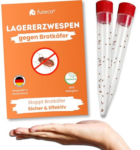 Futeco® – Lagererzwespen gegen Brotkäfer & Co. – für ca. 30 m² – 100% Chemiefrei – für warme und kühle Temperaturen – Alternative zu Brotkäferfalle – Made in Germany (80 Nützlinge)