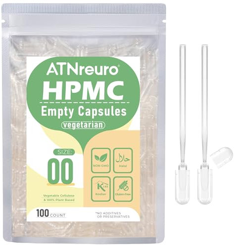 ATNreuro Gélules Vides Végétales Taille 00 (100 unités) - Gélules Vides Végétaliennes à Remplir - Transparent - Végétarien - Capsule Vide avec Micro Cuillère - Idéales pour Vitamines et Compléments
