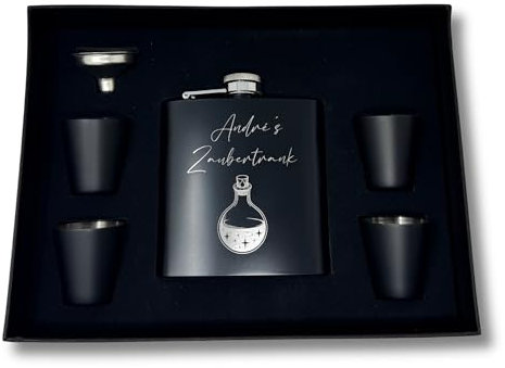Personalisierter Flachmann Set Mit Gravur - Geschenkidee für Hochzeit und Männer - Edelstahl Flachmann Mit Namen - Trauzeuge Geschenk (Design 11)