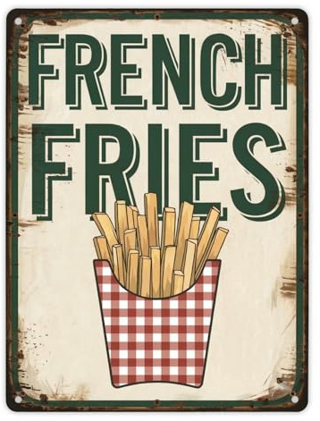 French Fries Metallschild XL in 21x28 cm mit Pommes frites im Vintage-Stil mit grünen Buchstaben und rot-weiß kariertem Hintergrund für alle Fries-Liebhaber