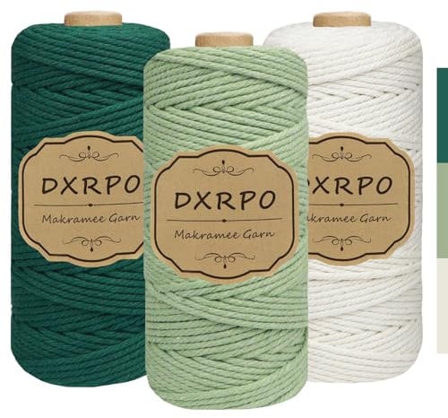DXRPO Macrame Corda 3 mm x 300 m x 3, Macramè Filo Cotone per Fai Da Te, Piante Sospese, Natale, Decorazione Boho (Naturale, Verde Chiaro, Verde Scuro)