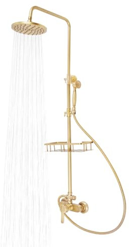 Système de douche en laiton antique - Doré - Rétro - Avec robinetterie - Robinet de douche vintage - Avec douche à effet pluie de 20,3 cm, tête de douchette à main - Hauteur réglable de 75 à 120 cm