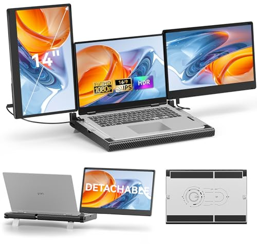 14 Laptop Screen Extender with Smart Base - 1080P FHD Portable Triple Monitor - 300% More Efficient, 360° Rotation/Removable Dual Screen, USB C/HDMI Plug-Play