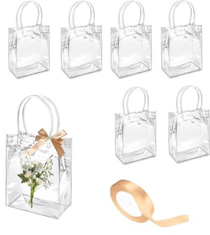 DHWEKU 6 Stück Klare Geschenktüten Mit Griffen, 25x20x7cm Transparent, Süßigkeitentüten, Wiederverwendbare Geschenktüten Durchsichtig für Hochzeit, Shopping, Party, Babyparty, Gastgeschenk