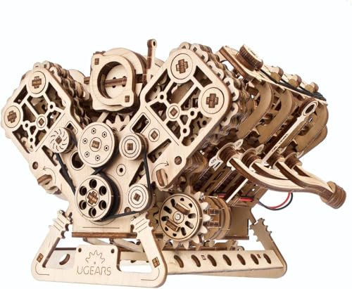 UGEARS V8-Motor Holzmodellbausätze für Erwachsene zum Zusammenbauen – 3D Holzpuzzles für Erwachsene Mechanisches Modellbau-Set – DIY-Bausatz Funktionales Motor-Modell mit Elektromotor – 776 Teile