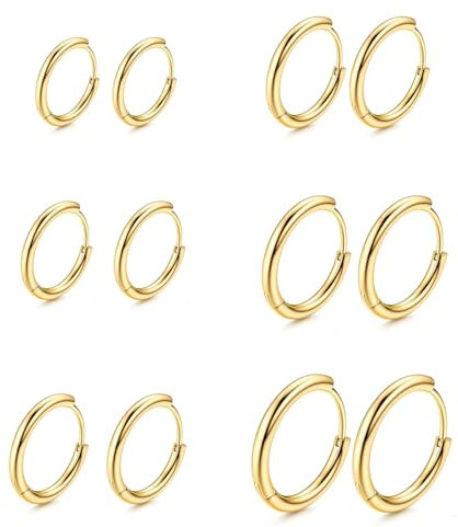 6 Paar Kleine Creolen Ohrringe Gold für Damen Mädchen, Vergoldet Creolen Ohrringe Set, Helix Piercings Gold, Hypoallergen Cartilage Helix Piercings Earings für Mehrere Piercings 8/10/12/14/16/18MM