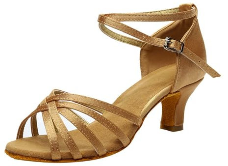 5CM Donna Punta Aperta Tacchi Bassi Sandali Latino Scarpe Da Ballo Professionale Pratica Gattino Pompe DRegolabile Cinturino Alla Caviglia Scarpe Da Ballo, cachi, 38 EU