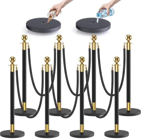 kaiyomi 8Pcs Stanchions with Black Velvet Ropes Set, 5 Feet Velvet Ropes and Posts Poles for Red Carpet Party Decoration and 360° Photo Booth (Golden & Black)