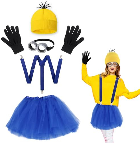 KEELYY 5-Teiliges Gelbes Kostüm set für Fasching Karneval Halloween Cosplay Party, gelbe Beanie-Mütze, Brille, Röcke, Handschuhe und Hosenträger für Erwachsener