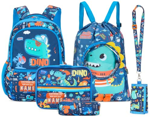 Tanou Schulrucksack Jungen 1.-3. Klasse, Set 5-teilig Rucksack Grundschule Leicht, Dinosaurier-Design Mode Ranzen Kinder Schultaschen-Sets für Jungs, 18 Liter