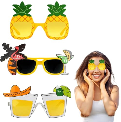YREYBN Funny Sunglasses for Adults, 3 Pack Novelty Pineapple Sunglasses, Hawaiian-Themed Party Accessories for Beach Days and Costume Events, Plastic Sunglasses for Tropical Parties