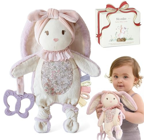 Moonkie Baby Lovey with Silicone Teether, Bunny Security Blanket with Textured Ribbons, Crinkle Toys, Soft Minky Velour & Natural Cotton, Newborn Girl Gift for Baby Shower or Birthday