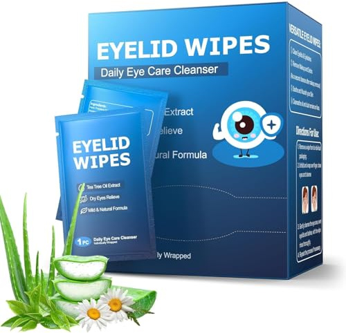 60 PCS Tea Tree Oil Eyelid Wipes, Pre-Moistened Eye Wipes for Eyelashes | Tea Tree Oil Formula, Refreshing ingredients provide comfortable cleansing for eyelids and lashes at home, work and travel