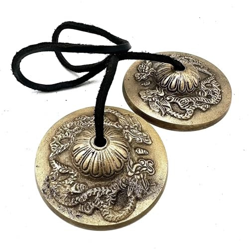 Tibetan Artisans Tingsha Dragon Meditation Cymbals, Brass, TTB-03, 7.4 cm Diameter, 300g, Traditional Handcrafted Design