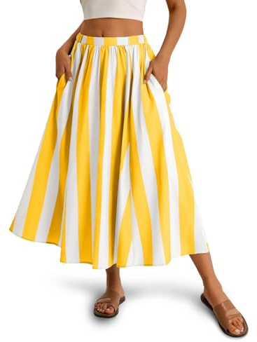 Cicy Bell Womens Striped Maxi Skirts A-Line Dressy Casual Outfits | Elastic Waist, Side Pockets, Flowy, Midi Length, Color Contrast, Beach Vacation, Fall Spring Clothes