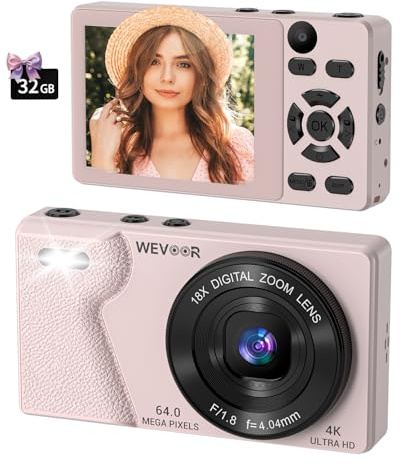 Digital Camera 4K 64MP Autofocus Compact 32GB Pink | Dual Lens, 18X Digital Zoom, 2000mAh Battery, 2.8 Screen, Vlogging Beginner Adult Travel Photography