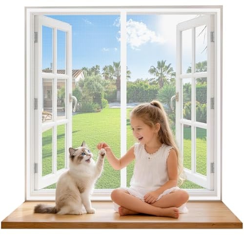 Moustiquaire Fenêtre Magnétique 120x125 cm, Rideau Anti-Moustique Blanc, Fermeture Automatique, Sans Perçage, Pour Fenêtres, Portes de Balcon, Chambre, Idéal pour Familles avec Enfants et Animaux