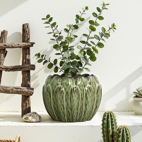 Hometopia Blumentopf Keramik Ø24 × H18 cm, Übertopf für Zimmerpflanzen | Moderner Keramik Pflanztopf Olivgrün mit Drainageloch & Gummistopfen, Pflanzgefäß für Wohnzimmer Balkon Terrasse Garten