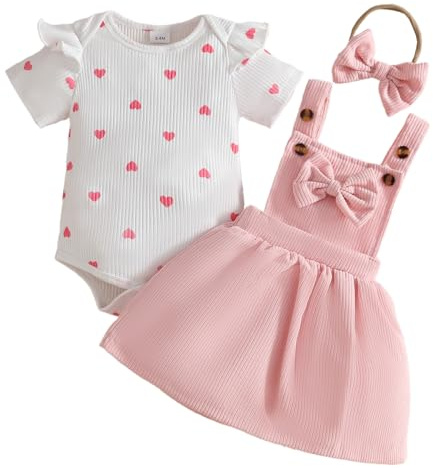 JENJON Completo Gonna Set da Neonati Maniche Corte/Lunghe con Cuoricini Top e Salopette Vestito in Velluto a Coste e Fascia per Capelli per San Valentino Estate e Autunno