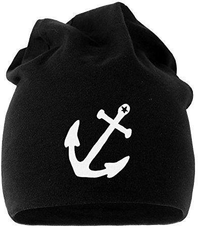 MoonWorks Coole Beanie aus weichem Jersey mit Anker Stern Anchor Star, Bedruckte Mütze für Herren und Damen, schwarz Unisize