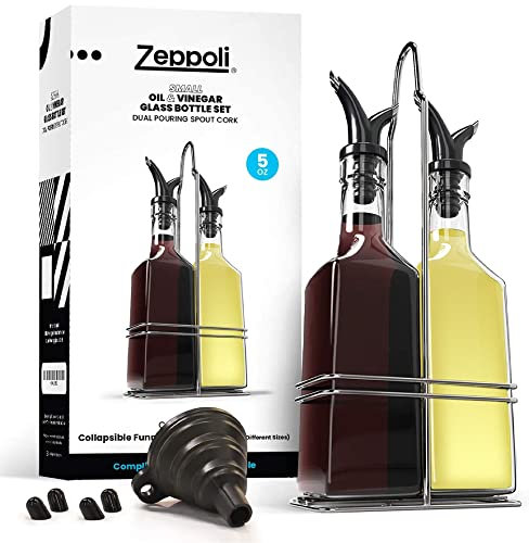 Zeppoli Oil and Vinegar Bottle Set with Stainless Steel Rack and Removable Cork – Dual Olive Oil Spout – Olive Oil Dispenser, Olive Oil Bottle and Vinegar Bottle Glass Set (5 oz)