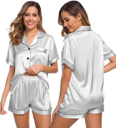 SWOMOG Pyjamas for Women Silk Satin Pyjama Bride Pjs Set Two Piece Pj Sets Button Down Sleepwear Loungewear