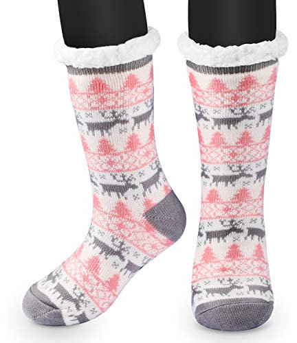 RenFox Slipper Socks, Winter Ladies Non Slip, Winter Cotton Socks Sloth Fleece Lined Slipper Socks, Soft Cozy Cotton Knitted Sock for Women Girls Christmas Xmas Gift Indoor, UK Size 3-7