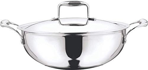 Vinod Induction Friendly Platinum (TRI PLY) 18/8 Stainless Steel Extra Deep Kadai with Stainless Steel Lid (18cm, 1.1 Litre)