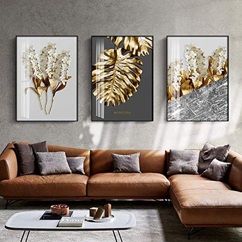 Nordique d'or Feuille Abstraite Fleur Murale Art Toile Tableau Peinture Noir Blanc Plumes Affiche Murale Tableaux pour Salon Decoration sans Cadre 40×50cm×3 PièCes