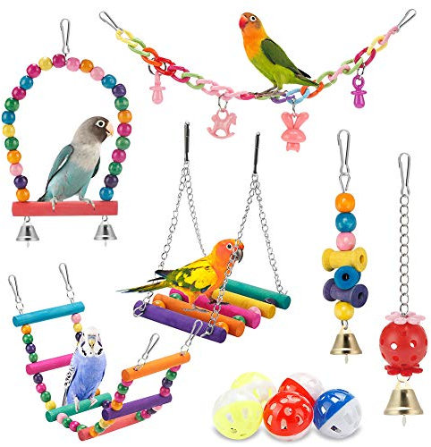 lovyoCoCo Vogelsittich-Spielzeug, Schaukel, hängend stehend, Kauspielzeug, Hängematte, Kletterleiter, Vogelkäfig, buntes Spielzeug, geeignet für Wellensittiche, Sittiche, Liebesvögel, Finken