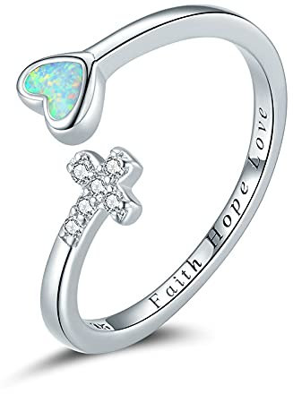 MAITONGG Kreuz Opal Herz Ringe Glaube Hoffnung Liebe Offene Einstellbare Fingerringe Für Frauen 925 Sterling Silber Offener Ring Einfacher Schmuck