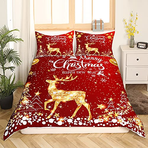 Loussiesd Weihnachten Betten Set Gold Luxus REH Bettwäsche Set 220x240cm Glitzer Weihnachtskugel Schneeflocke Bettbezug Set für Kinder Kinder Jungen Mädchen Frohes neues Jahr Dekoration Raumdeko