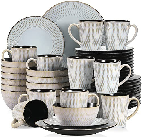 vancasso serie Pluvo Vajillas Completas de Cerámica 48 pcs con 12 Tazas/Tazones y Platos de Postre, Platos Llanos, para 12 Personas, Diseño de Línea de Lluvia en Relieve Vajilla Vintage- Gris