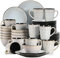 vancasso serie Pluvo Vajillas Completas de Cerámica 48 pcs con 12 Tazas/Tazones y Platos de Postre, Platos Llanos, para 12 Personas, Diseño de Línea de Lluvia en Relieve Vajilla Vintage- Gris