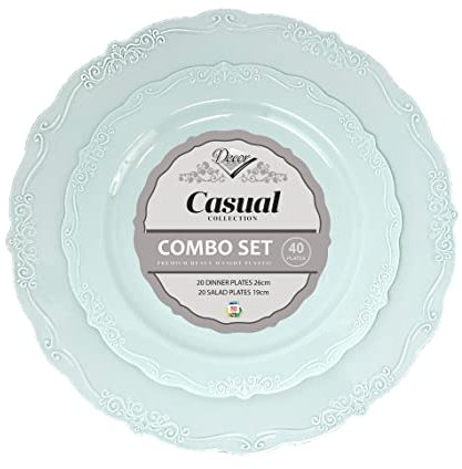 Decor Decorline - Ensemble d'assiettes réutilisables de 40 pièces - Turquoise - Casual Collection vaisselle vintage de haute qualité - Aspect chinois Porcelain - Service toutes les occasions et fête