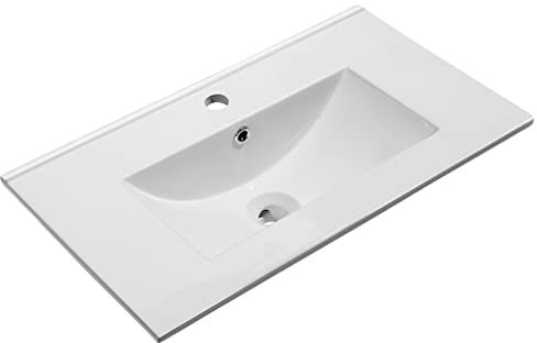 baanio - Lavabo Encimera Cerámico Blanco | Pila Lavamanos Rectangular 71x40 cm con Seno Centrado | Instalación Sobre Encimera, Compatible con Mueble de Baño 70x39 cm | FONDO REDUCIDO 40