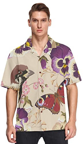 Anantty Herren Hawaiihemd Blumen Blume Stiefmütterchen Süß Vogel Schmetterling Casual Kurzarm Hawaiihemd Urlaub Sommer Aloha Bedruckter Strand Beilaufig Hawaii Hemd
