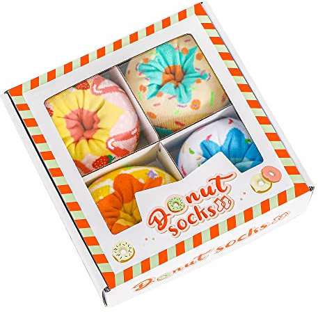 Lustige Donut Socken Box - Lustig Bunte Coole Geschenke für Frauen Damen Teenager Mädchen Mama Oma Sie Freundin Frau - Witzige Muttertagsgeschenk Ostern Weihnachten Strümpfe Geschenkideen - 4 Paare