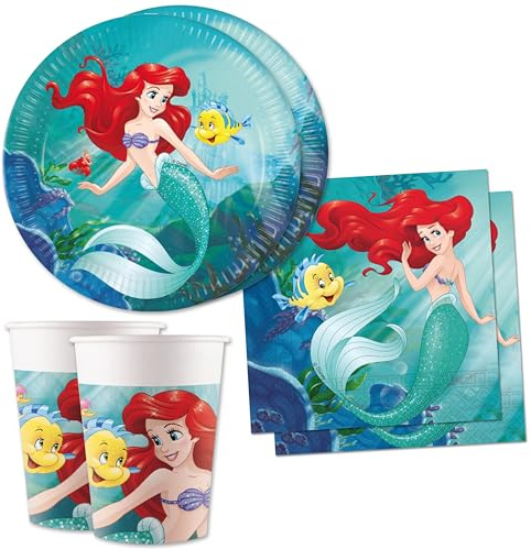 Lage Set Compleanno di Ariel per 16 persone - Addobbi Decorazioni Stoviglie da Tavola La Sirenetta Mermaid Festa per Bambina Bimba - 16 Piatti di carta, 16 Bicchieri di Carta, 20 Tovaglioli di carta
