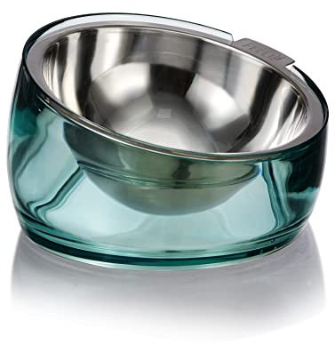 Felli Pet Oblik Raised Dog Food Bowl Stainless Steel Slanted Oval Dish Dishwasher Safe, No Spill for Small Medium Frenchie Bulldog, Elevated Acrylic Stand Tilted Metal Feeder (1.5Cups, Classic)