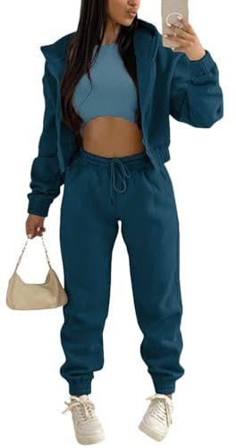 Onsoyours 3 Stücke Damen Sportanzüge Jogginganzug Sport Sets Yoga Outfit Freizeitanzug Sportswear Langarm Kapuzenjacke + Crop Top + Jogginghose mit Taschen Marine S