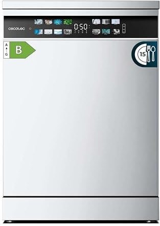 Cecotec Lavavajillas 60 cm Libre Instalación Bolero Aguazero 6700 B. 15 Cubiertos, Bajo Consumo, Motor Inverter Plus, Pantalla Fullcolor XXL, Tercera Bandeja, 8 Programas, Dual Zone Wash, Blanco