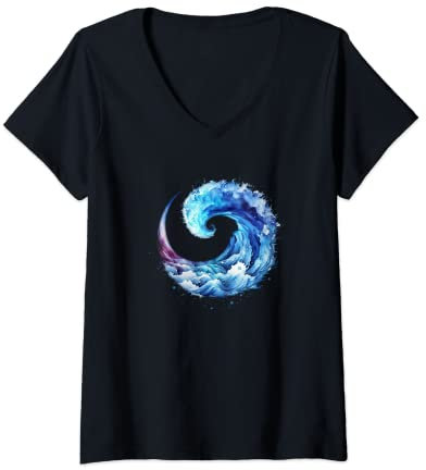 Damen Blauer Wellenkreis, Wasserweg, Surf, Wassermann, Meerjungfrau, Meer T-Shirt mit V-Ausschnitt