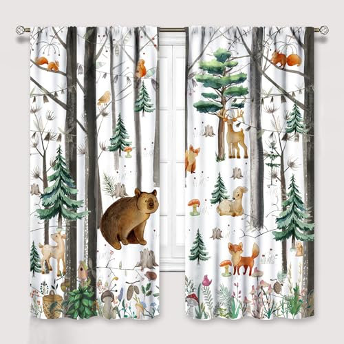 YCness Kinder Waldtier Vorhänge Waldtier Fuchs Elch Bär Aquarell Druck Vorhänge für Kinderzimmer Schlafzimmer Wohnzimmer, rustikale Wildtier-Fenstervorhänge 2-teiliges Set, 213 x 213 cm