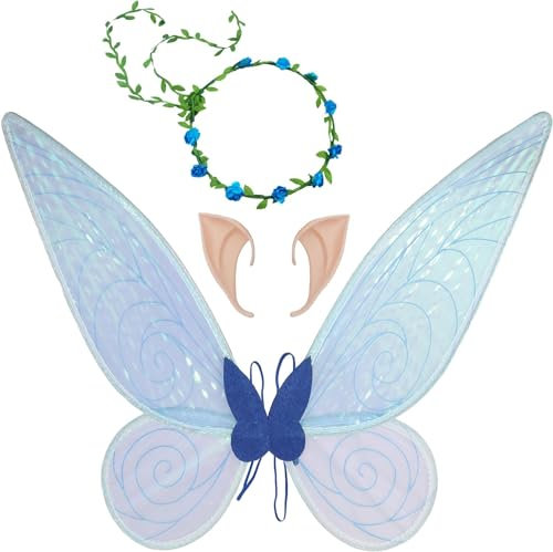 Feenflügel Kostüm, Damen Mädchen Schmetterlingsflügel Elfenflügel mit Elfenohren Blumenkranz Halloween Kostüm Zubehör Karneval Fee Party Schmetterling Kostüm Feenkostüm für Kinder Erwachsene (blau)